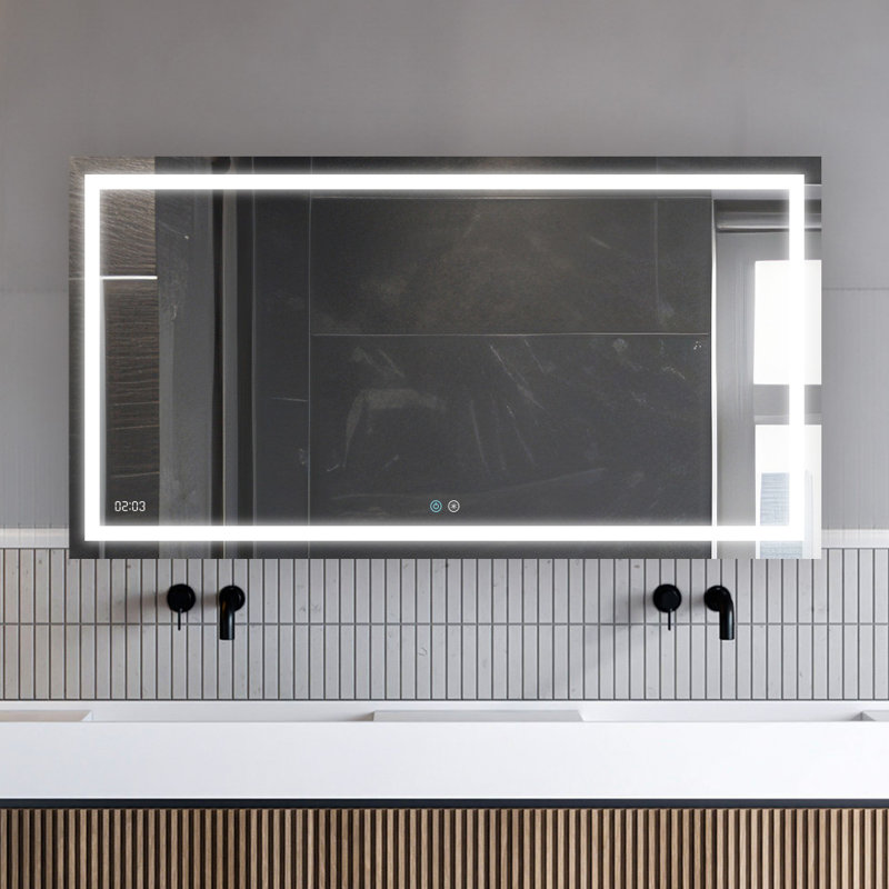 AQUADOM Daytona LED Wall Mount Mirror for Bathroom with 3 Color Lighting Touch Control Dimmer and Defogger Digital Clock 36 H x 84 W